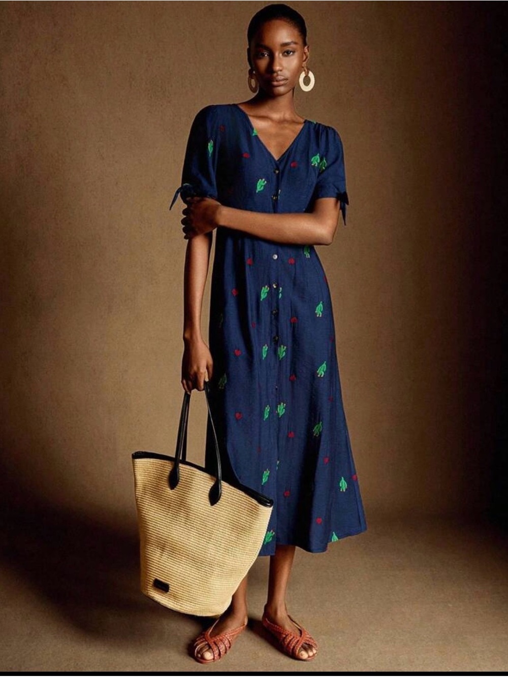 Navy V-Neck Button-Front Midi Dress Embroidered
